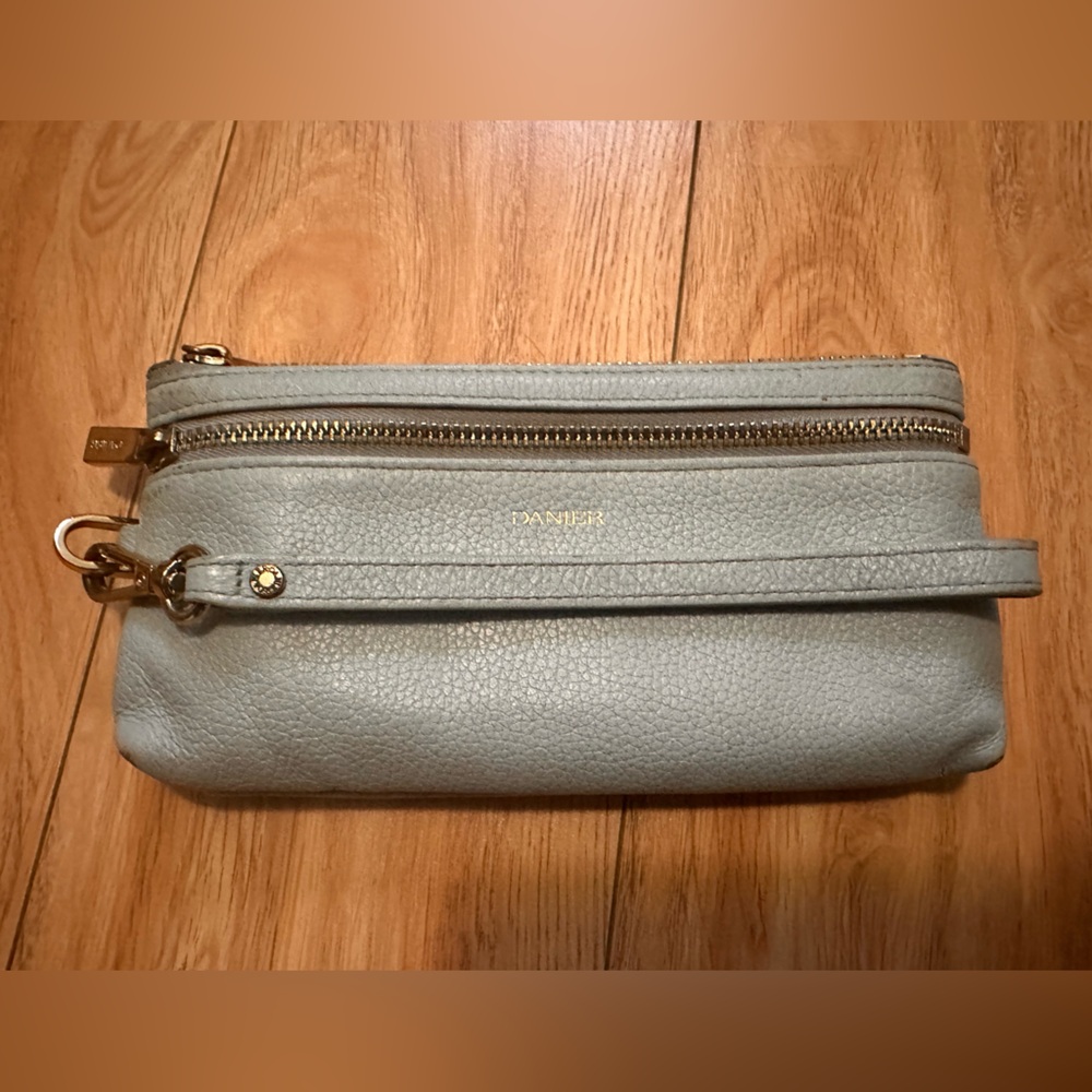 DANIER Pebbled Gray Leather Wristlet with Gold Hardware